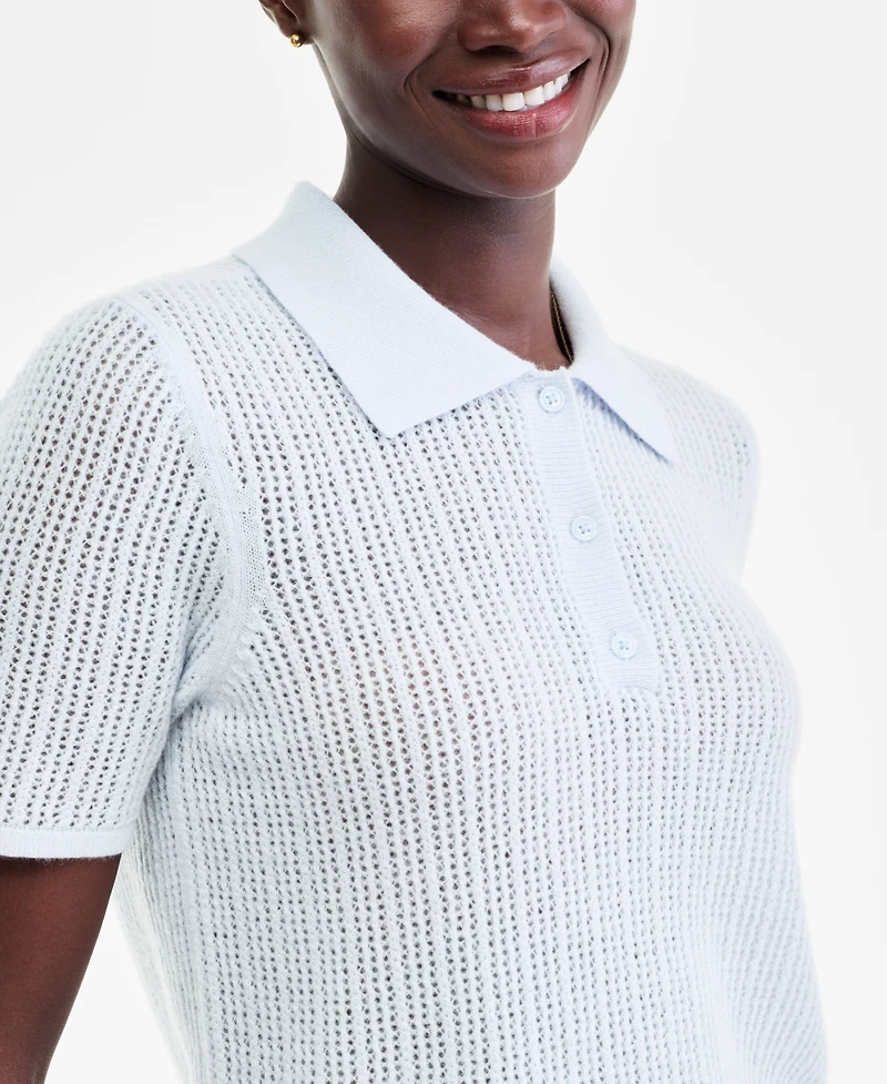 Charter Club Women's 100% Cashmere Short-Sleeve Pointelle Polo Sweater, Macy's Exclusive