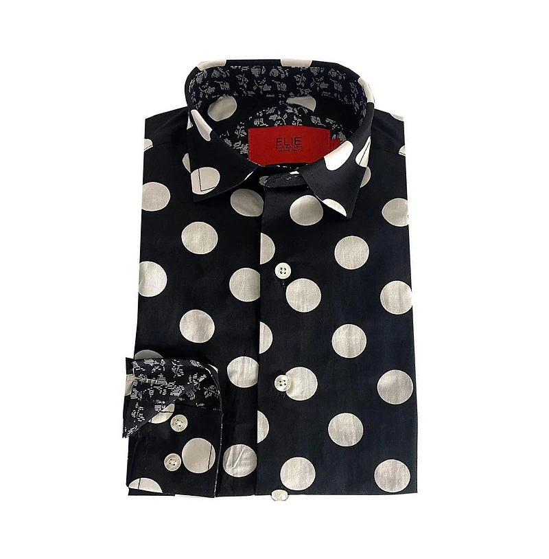 Elie Balleh Little Boys Black Long Sleeve Navy Polka Dot Slim Fit Shirt