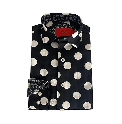 Elie Balleh Little Boys Black Long Sleeve Navy Polka Dot Slim Fit Shirt