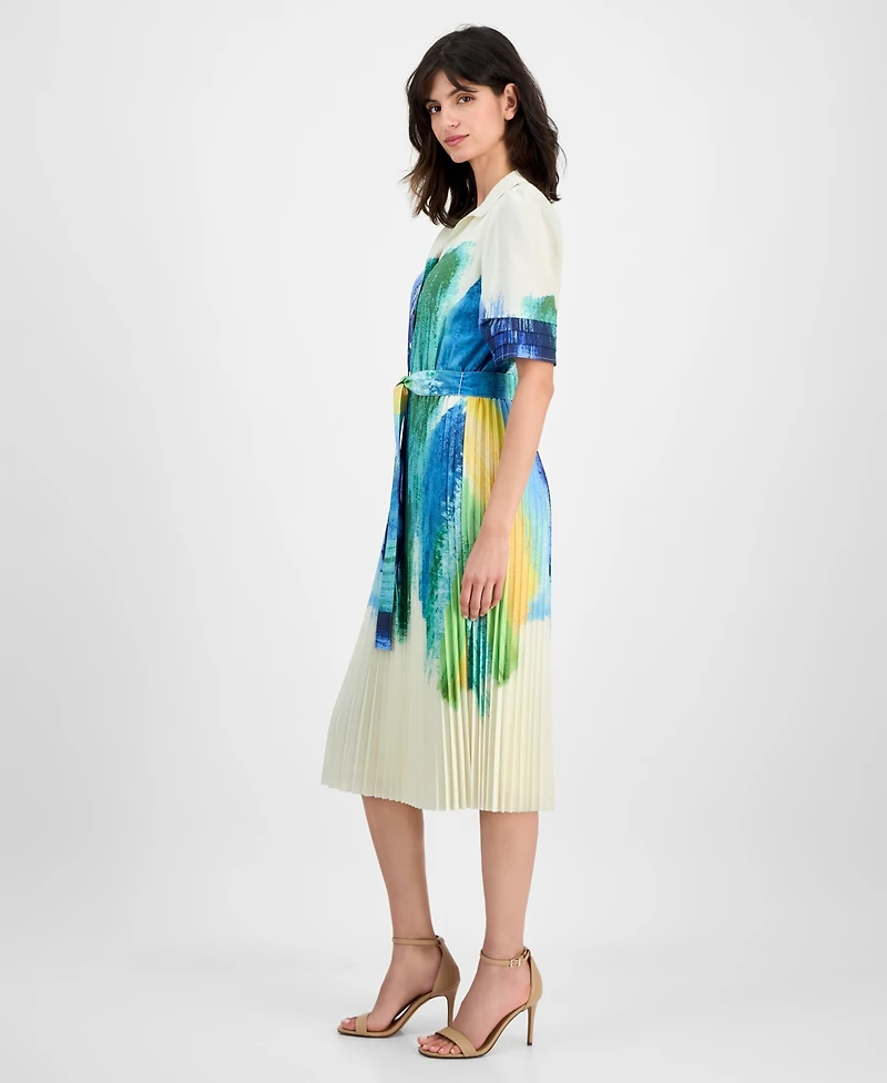 T Tahari Women's Pleated-Skirt Brushstroke-Print Belted Dress