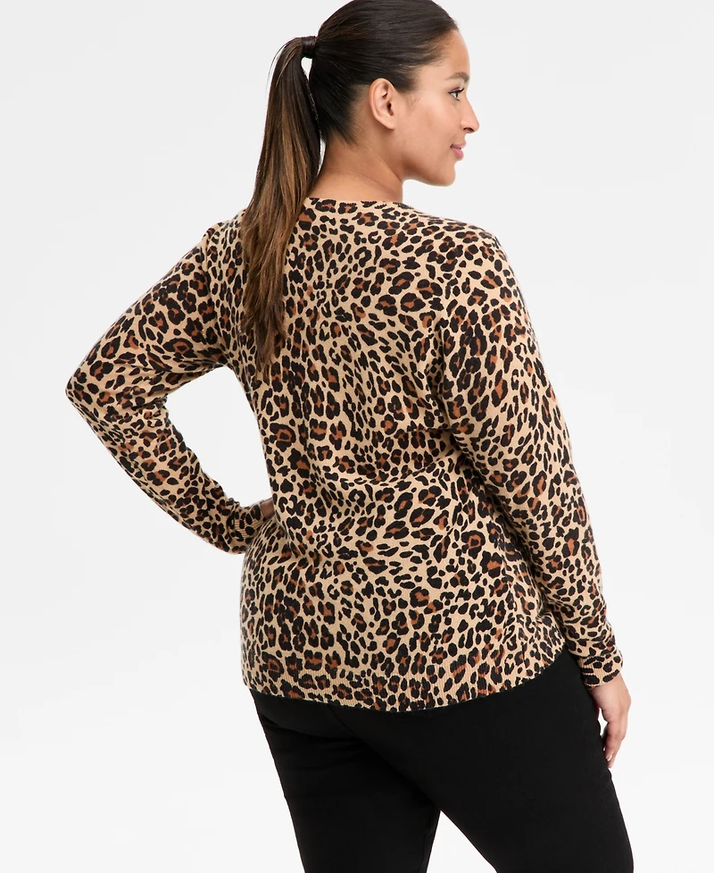 Charter Club Plus 100% Cashmere Animal-Print Crewneck Sweater, Macy's Exclusive