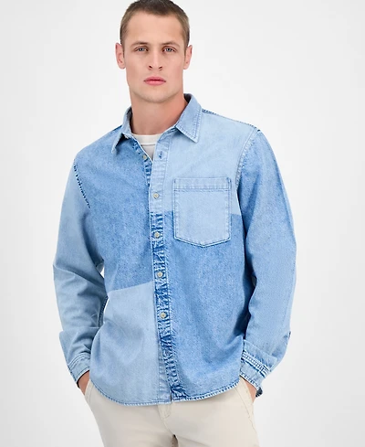 Sun + Stone Men's Voile Long Sleeve Button-Front Denim Panel Shirt, Exclusively at Macy's