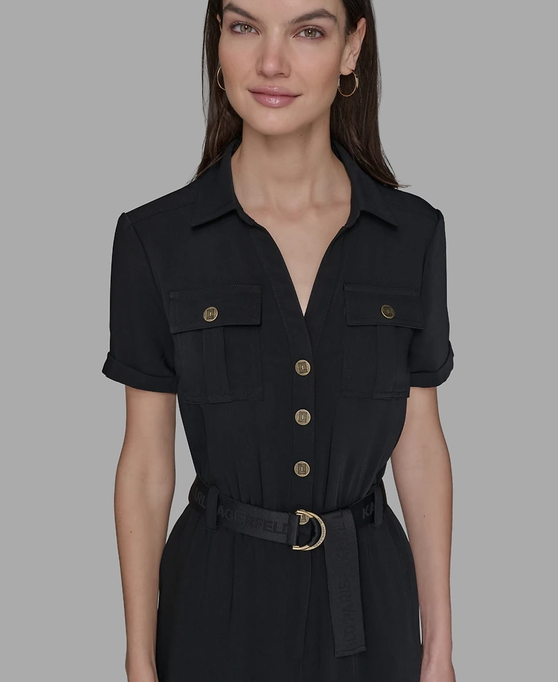 Karl Lagerfeld Paris Petite Belted Short-Sleeve Button-Front Jumpsuit