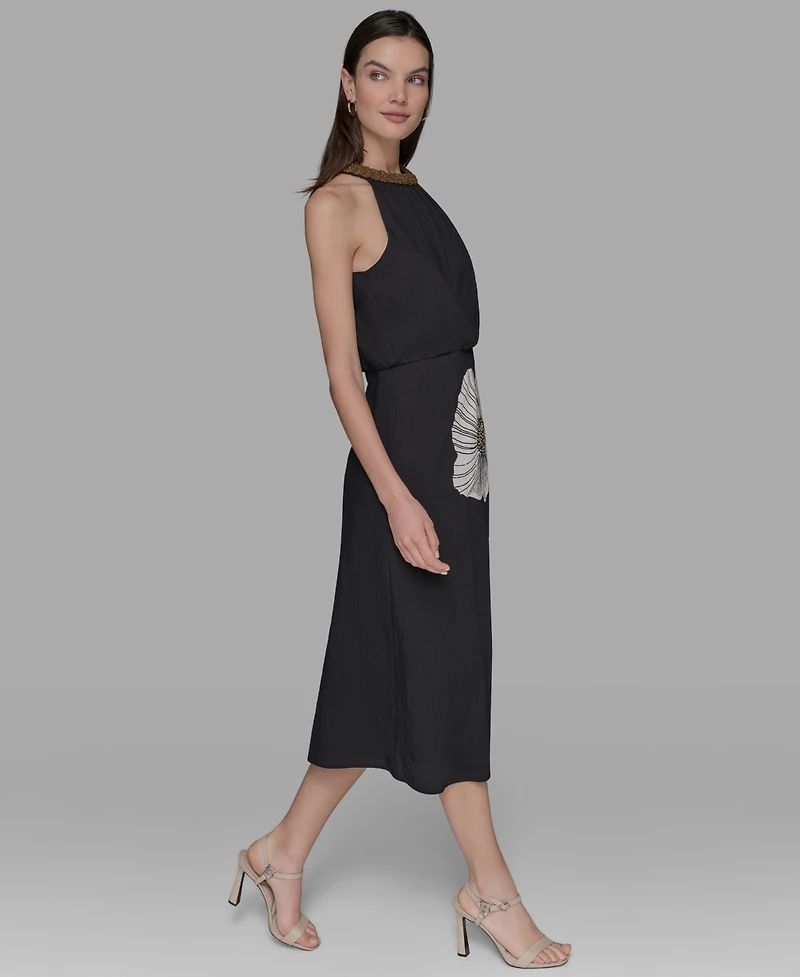 Karl Lagerfeld Paris Petite Beaded-Neck Floral-Graphic Dress