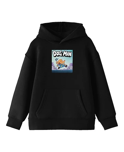 Dog Man Running Across Cityscape Youth Black Long Sleeve Hooded Sweatshirt-Medium