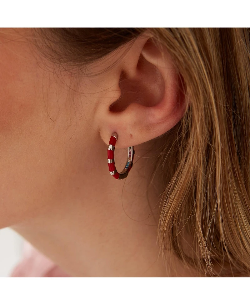 Spero London Enamel Red Fine Stripe Sterling Silver Hoop Earrings With Multi Color Zirconia Interior