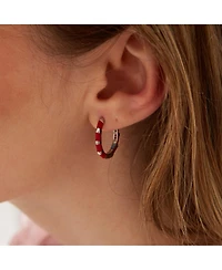 Spero London Enamel Red Fine Stripe Sterling Silver Hoop Earrings With Multi Color Zirconia Interior