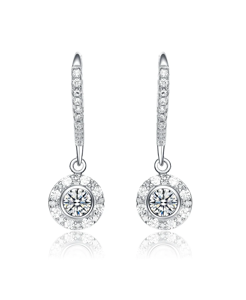 Sterling Silver White Gold Plating with Clear Cubic Zirconia Round Drop Earrings