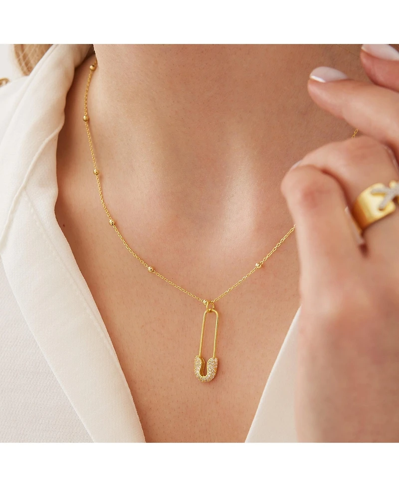 Spero London Sterling Silver Jewelled Safety Pin Necklace With Beaded Chain