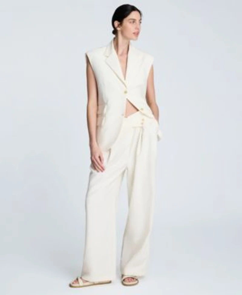 Kenneth Cole Womens Luxe Twill Triple Pocket Vest Crisscross Front Pleated Wide Leg Pants