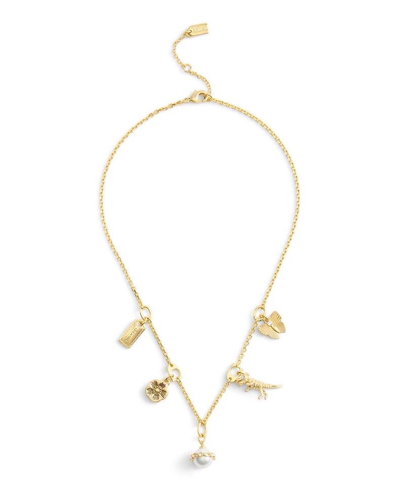 Coach Faux Stone Signature Heritage Cultivated Pearl Mixed Charm Bib Necklace