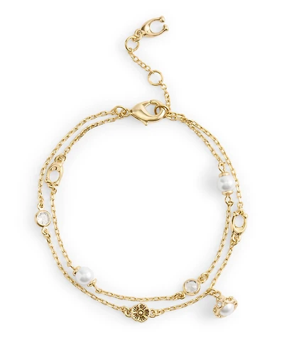 Coach Faux Stone Signature Heritage Cultivated Pearl Charm Double Strand Bracelet