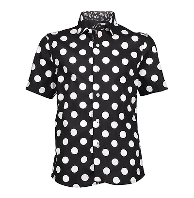Elie Balleh Big Boys Black Short Sleeve Navy Polka Dot Slim Fit Shirt