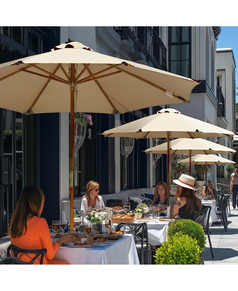 LAGarden Boho 32 Led 9Ft Wood Market Patio Umbrella with Solar Lights for Bar Hotel Resort Alfresco Dining Rooftop Restauran Mocha