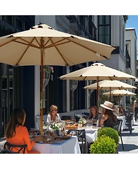 LAGarden Boho 32 Led 9Ft Wood Market Patio Umbrella with Solar Lights for Bar Hotel Resort Alfresco Dining Rooftop Restauran Mocha