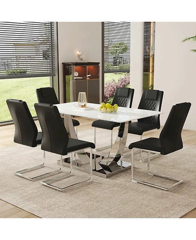 Modern Glass Dining Set: Marble Table & 6 Black Pu Chairs