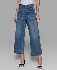 Karl Lagerfeld Paris Petite High Rise Cropped Wide-Leg Jeans