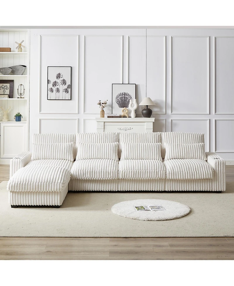 Streamdale 126" Corduroy L-Shaped Sofa w/ Cup Holder, Usb