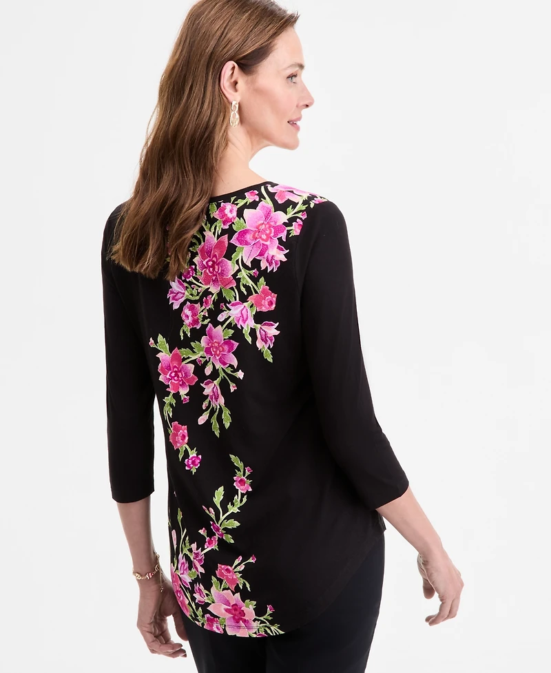 Jm Collection Petite Floral 3/4-Sleeve Top, Exclusively at Macy's
