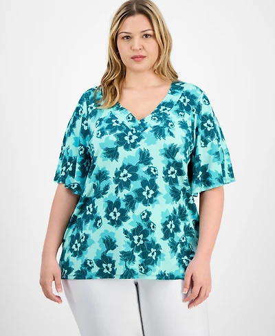 Jm Collection Plus Printed Flared-Sleeve V-Neck Top, Exclusively at Macy's