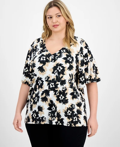 Jm Collection Plus Printed Flared-Sleeve V-Neck Top, Exclusively at Macy's
