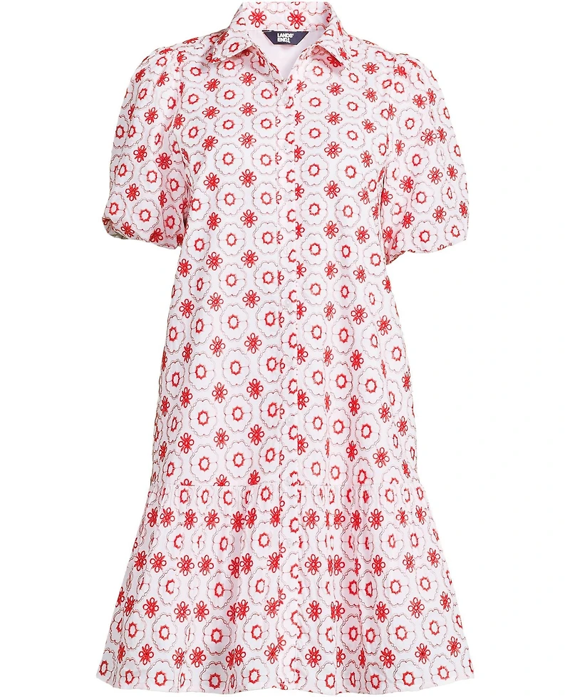 Lands' End Women's Elbow Sleeve Eyelet Knee Length Shirt Dress