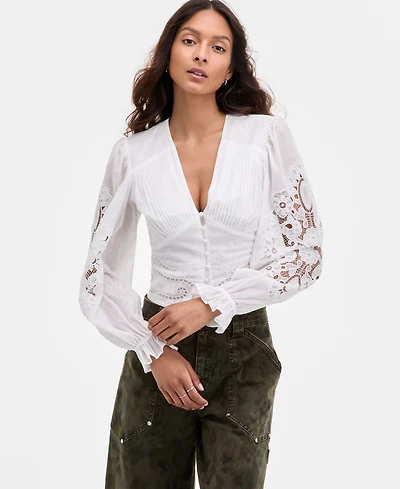 Avec Les Filles Women's Cotton Pintuck Lace-Trim Button-Front Blouse