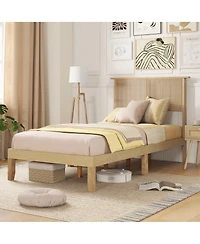 Gymax Twin Size Bed Frame w/ Rattan Headboard 10 Solid Wood Legs & 12 Wooden Slats