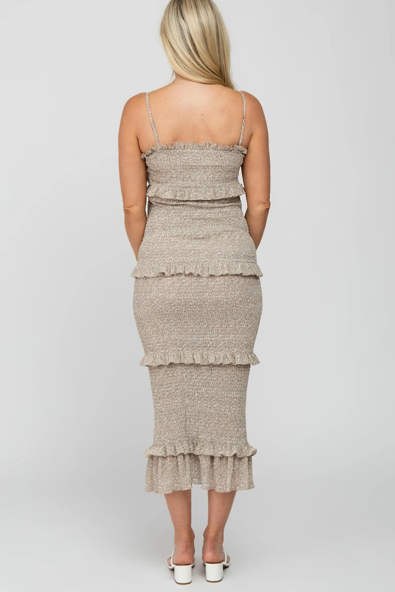 Pinkblush Maternity Taupe Leaf Print Smocked Fitted Midi Dress