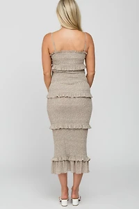 Pinkblush Maternity Taupe Leaf Print Smocked Fitted Midi Dress