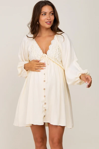 Pinkblush Maternity Beige Crochet Lace Button Front Dress