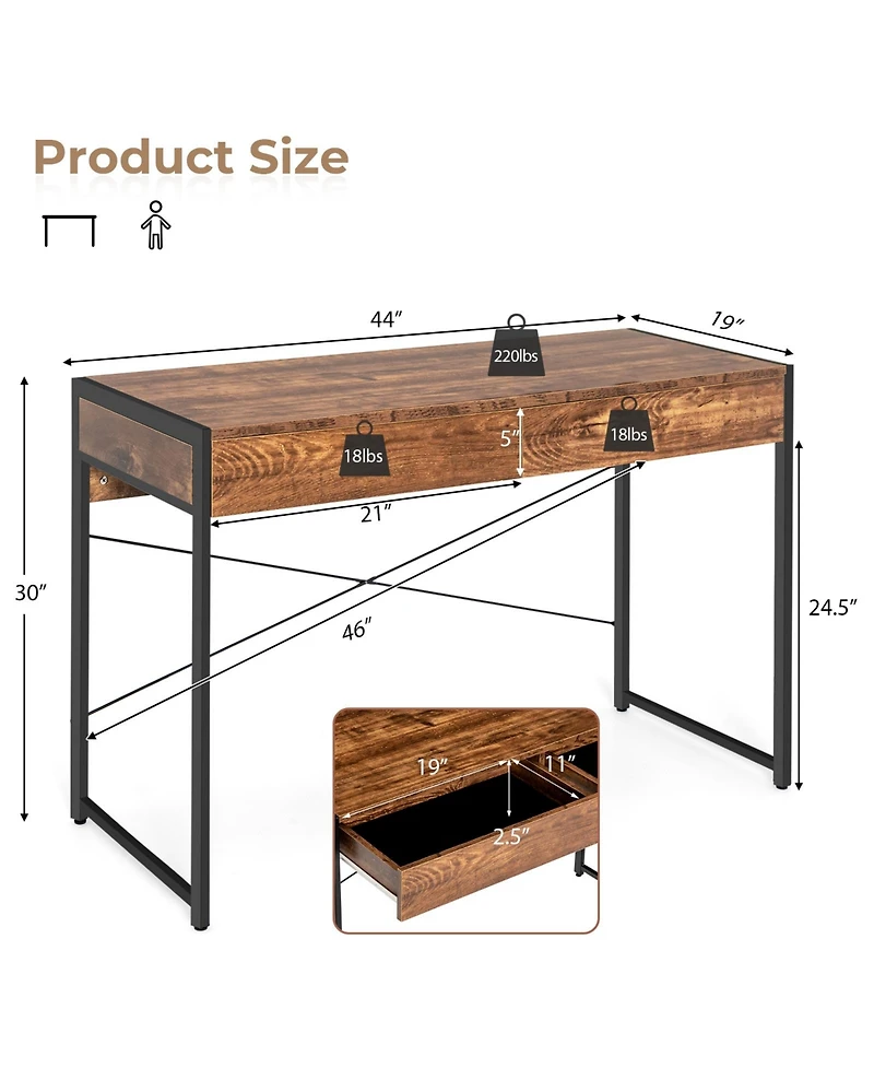 2-Drawer Home Office Desk with Steel Frame