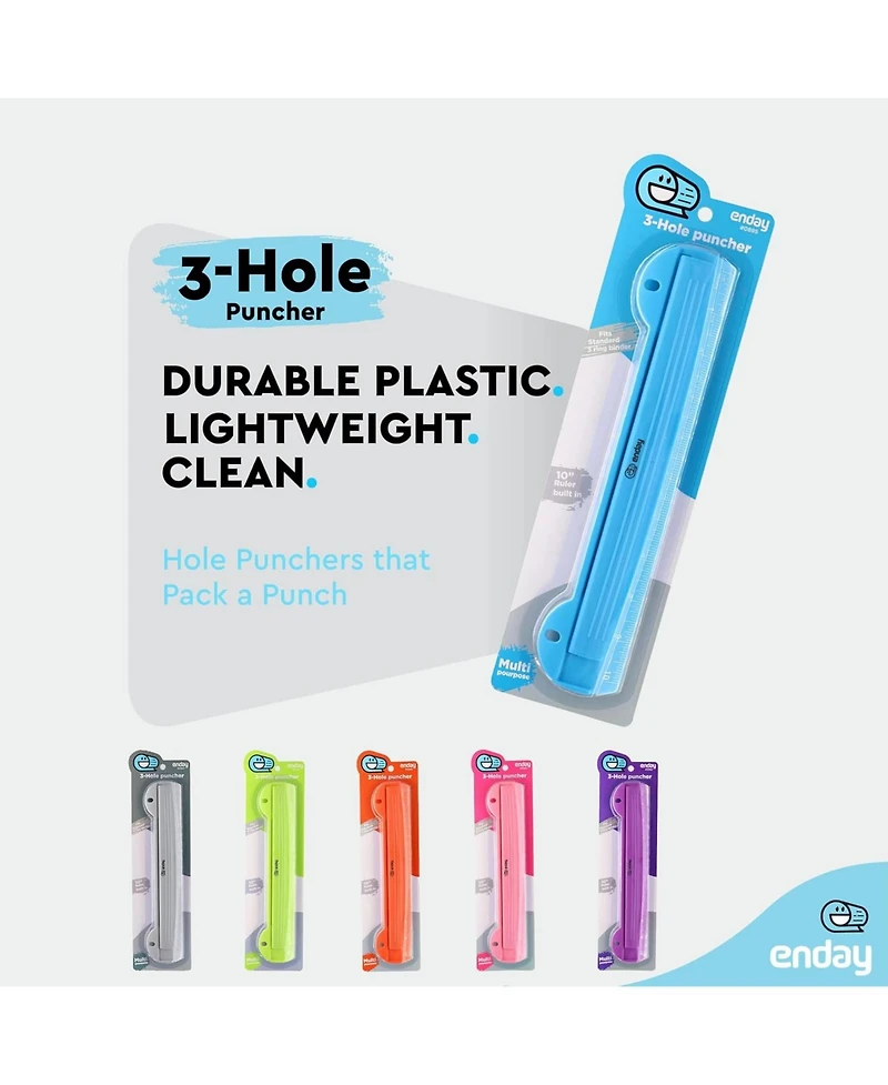 3 Hole Punch Pink, Portable Puncher for Ring Binder, Sheets Capacity, Removable Chip Tray, 10” Ruler School, Office, 1 Pc-by Enday