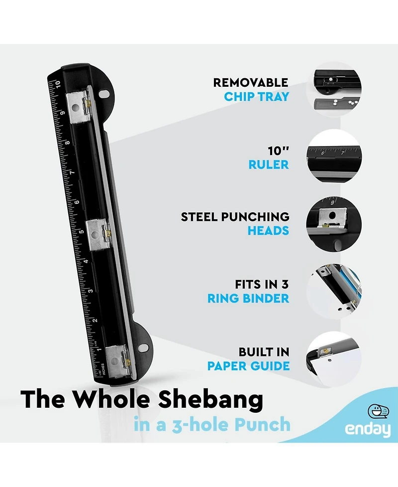 3 Hole Punch Pink, Portable Puncher for Ring Binder, Sheets Capacity, Removable Chip Tray, 10” Ruler School, Office, 1 Pc-by Enday