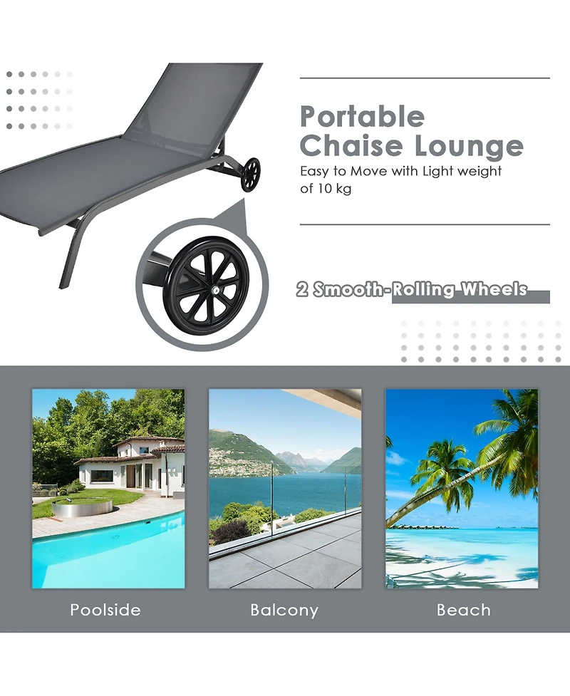 Gymax Outdoor Chaise Lounge Chair Adjustable Patio Recliner w/ Wheels