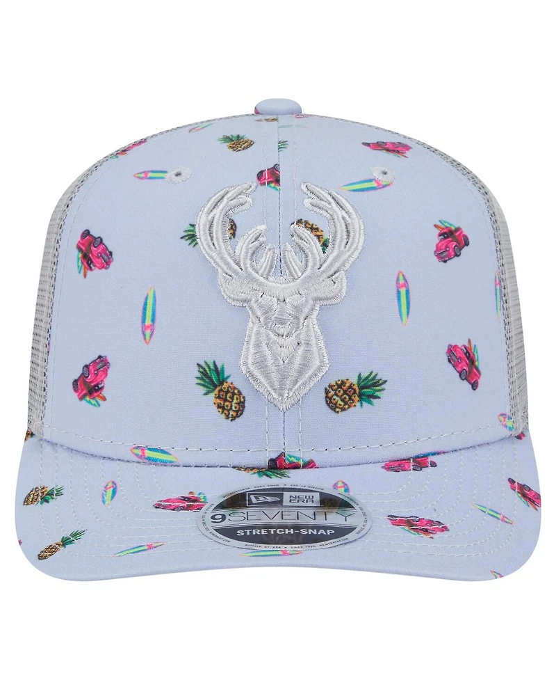 New Era Men's Light Blue/Gray Milwaukee Bucks Adventure Aloha Pattern 9SEVENTY Stretch-Snap Hat