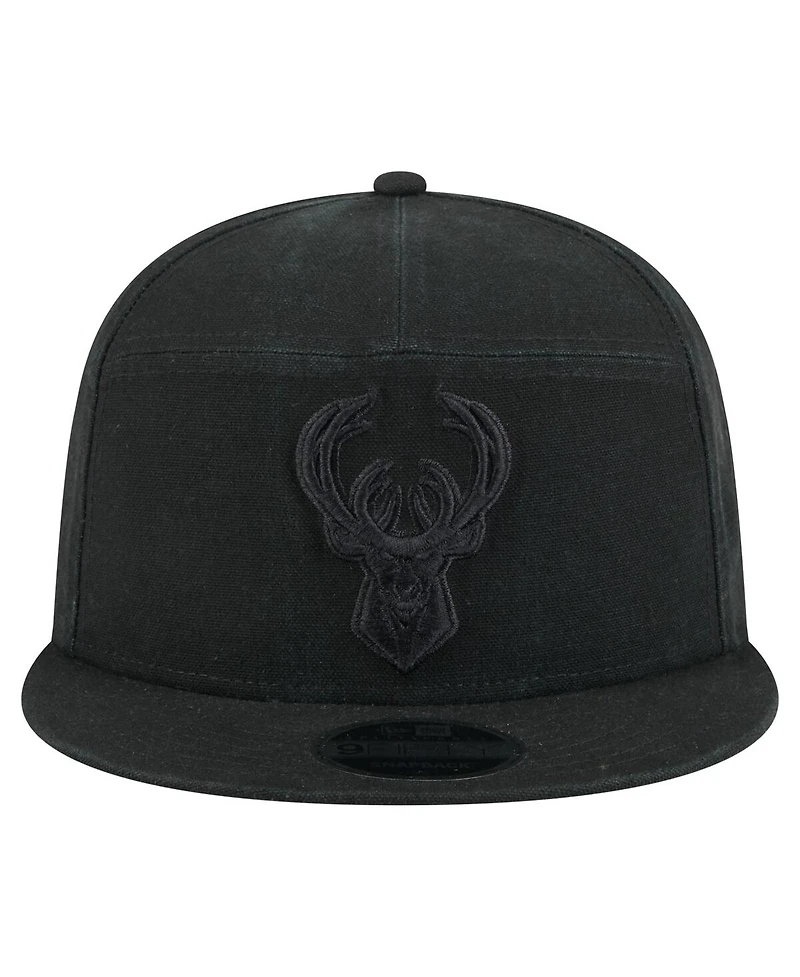 New Era Men's Black Milwaukee Bucks Adventure Canvas Split Panel 9FIFTY Snapback Hat