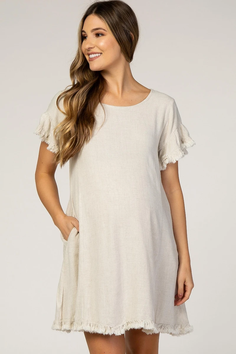 Pinkblush Maternity Beige Fringe Linen Dress