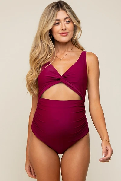 Pinkblush Maternity Plum Ruched Sides Front Cutout One Piece Swimsuit