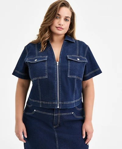 Bar Iii Trendy Plus Size Seamed Denim Zip-Front Top, Exclusively at Macy's