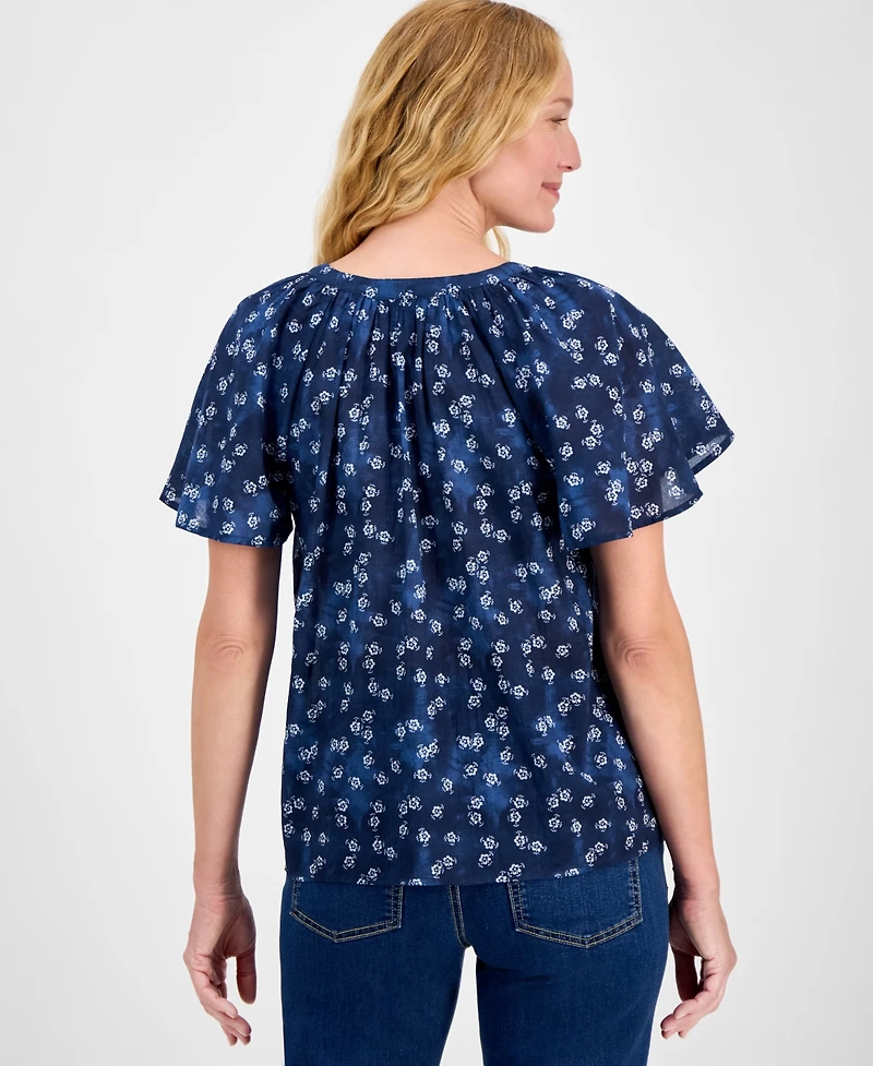Style & Co Petite Printed Split-Neck Flutter-Sleeve Top, Exclusively at Macy's