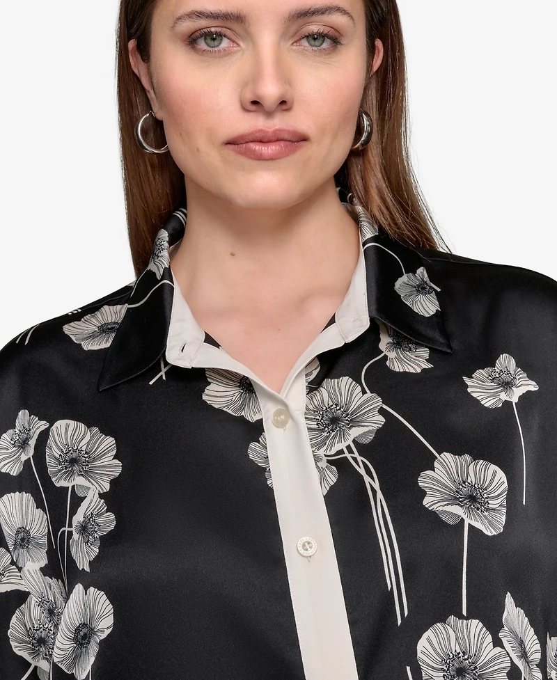 Karl Lagerfeld Paris Plus Size Flower-Print Button-Down Shirt