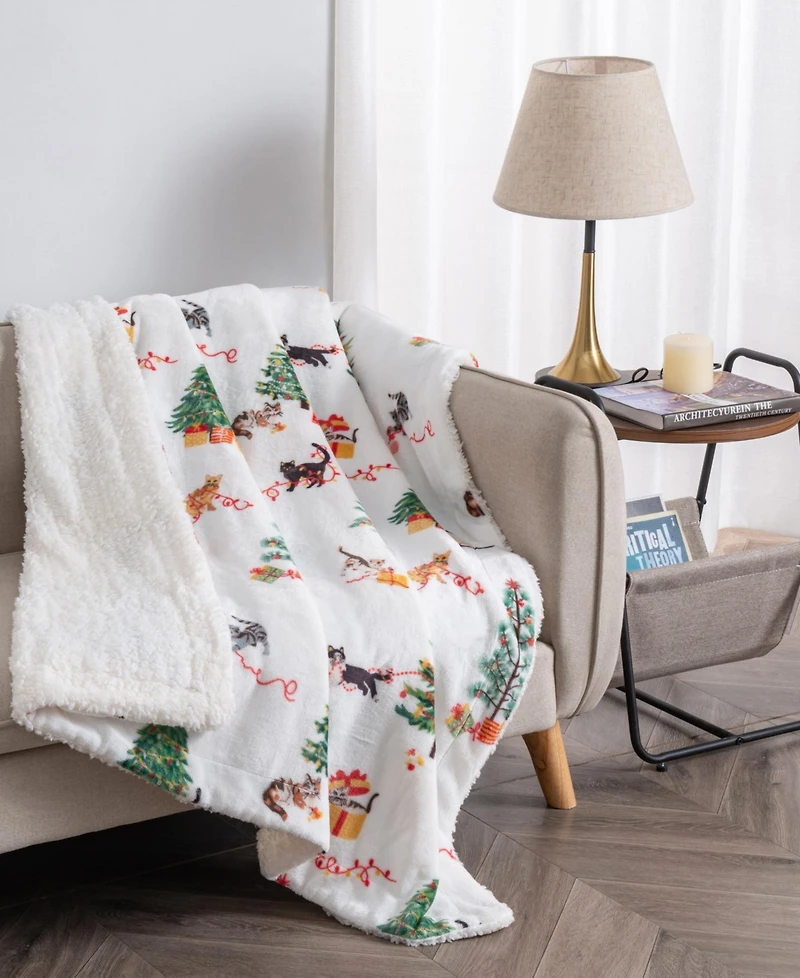 Linery & Co. Velvet Plush Fleece Reversible Sherpa Holiday Printed Throw