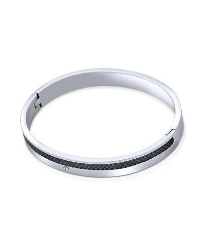 Bling Jewelry Stackable 8MM Black Carbon Fiber Inlay Flat Bangle Bracelet Silver Tone Stainless Steel 8 Inch