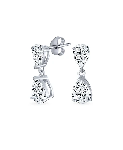 Bling Jewelry Elegant Simple Classic Cubic Zirconia Clear Double Teardrop Pear Shaped Solitaire Cz Dangle Earrings Sterling Silver
