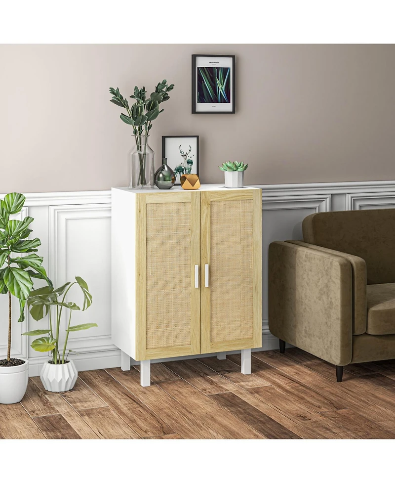 Sideboard Buffet Cabinet, Kitchen Cabinet, Coffee Bar Cabinet with 2 Rattan Doors and Adjustable Shelves, White and Natural