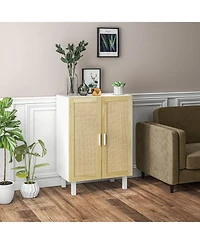 Sideboard Buffet Cabinet, Kitchen Cabinet, Coffee Bar Cabinet with 2 Rattan Doors and Adjustable Shelves, White and Natural