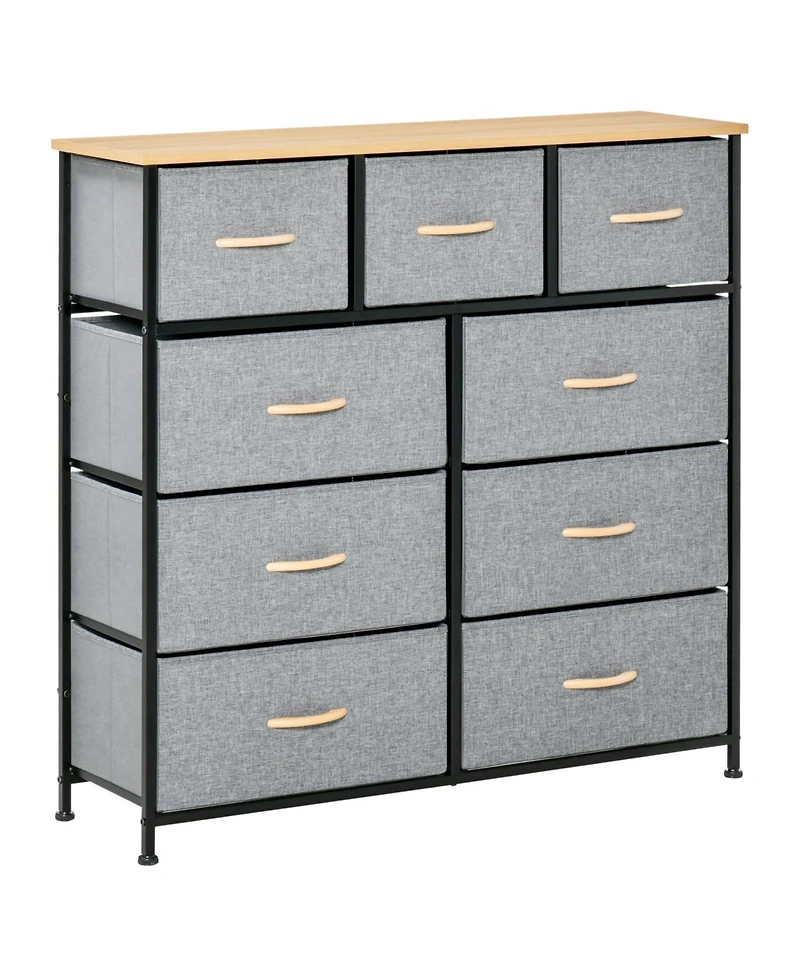 9 Drawers Storage Chest Dresser Organizer Unit w/ Steel Frame, Wood Top, Easy Pull Fabric Bins, for Bedroom, Hallway, Closet, Entryway, Oak & Grey