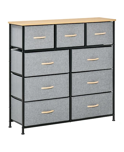 9 Drawers Storage Chest Dresser Organizer Unit w/ Steel Frame, Wood Top, Easy Pull Fabric Bins, for Bedroom, Hallway, Closet, Entryway, Oak & Grey