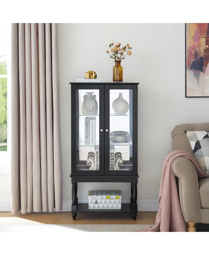 Lighted Curio Display Cabinet with Mirrored Back Panel and Glass Doors